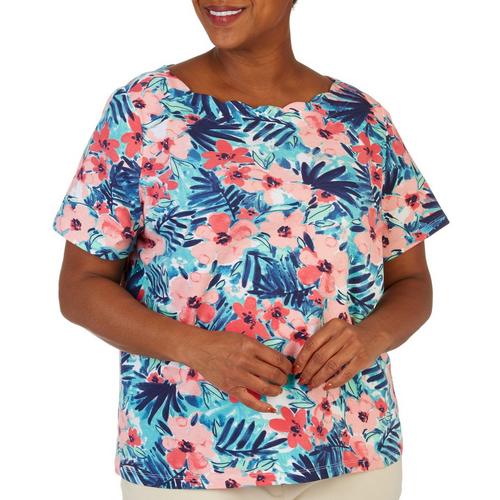 Coral Bay Plus Floral Scallop Neck Short Sleeve