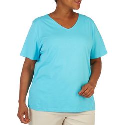 Coral Bay Womens Solid Classic V-Neck Short Sleeve Top