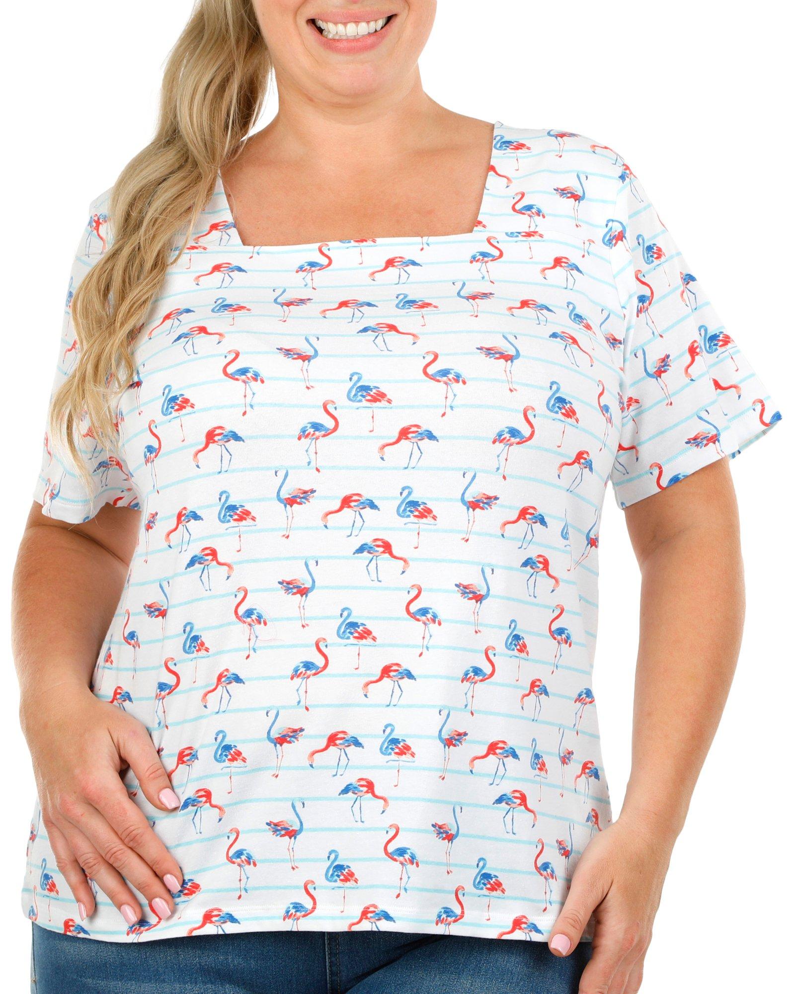 Plus Americana Stripes & Flamingos Short Sleeve Top