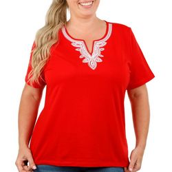 Coral Bay Plus Split Neck Embroidered Short Sleeve Top