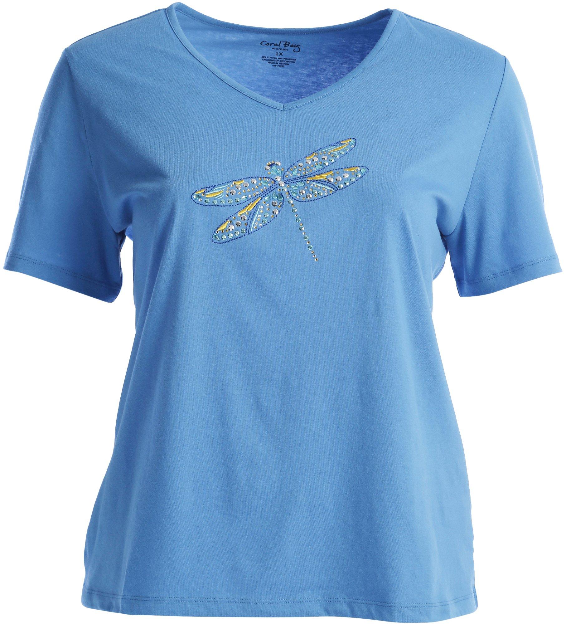 Coral Bay Plus Embroidered Dragonfly Short Sleeve Top