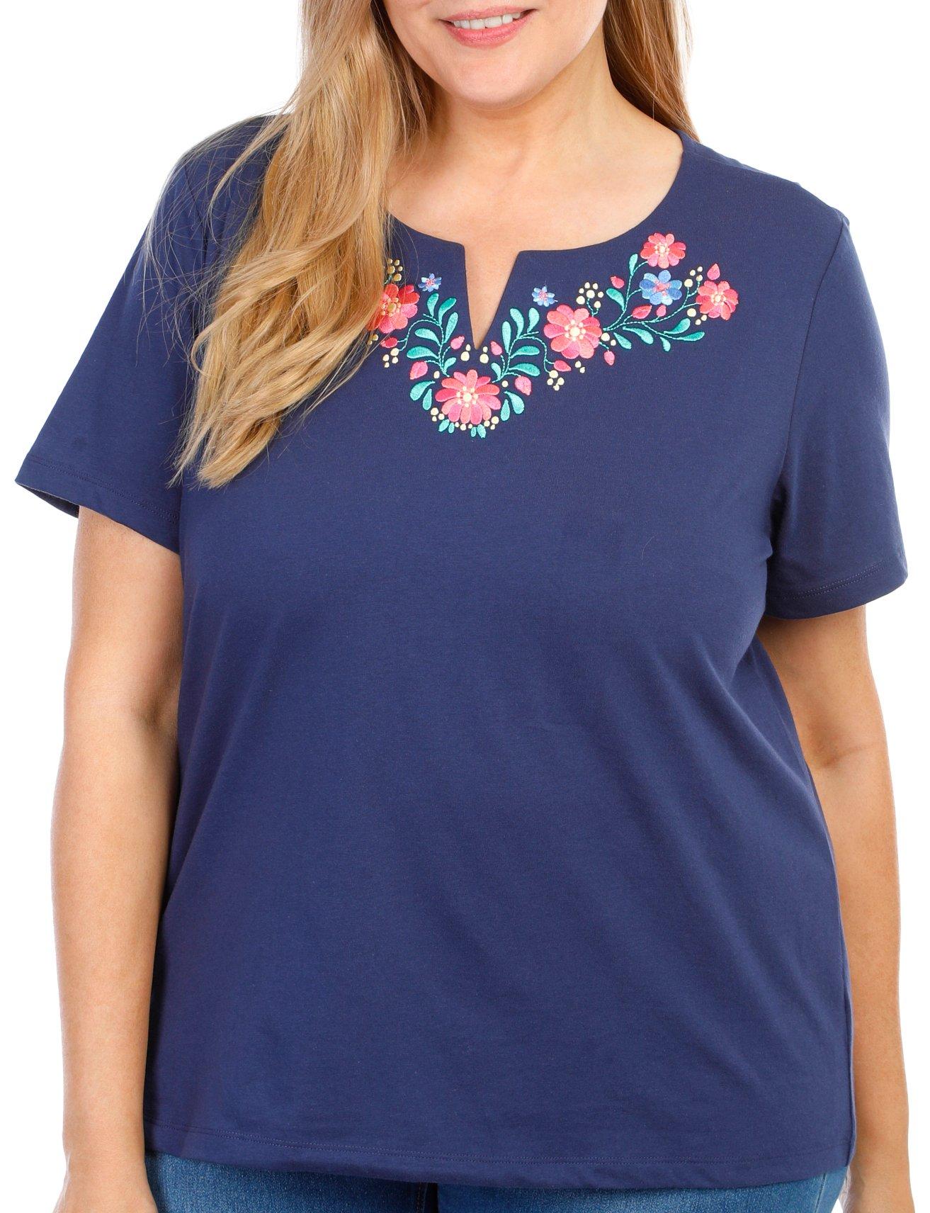 Coral Bay Plus Embroidered Floral Neckline Short Sleeve Top