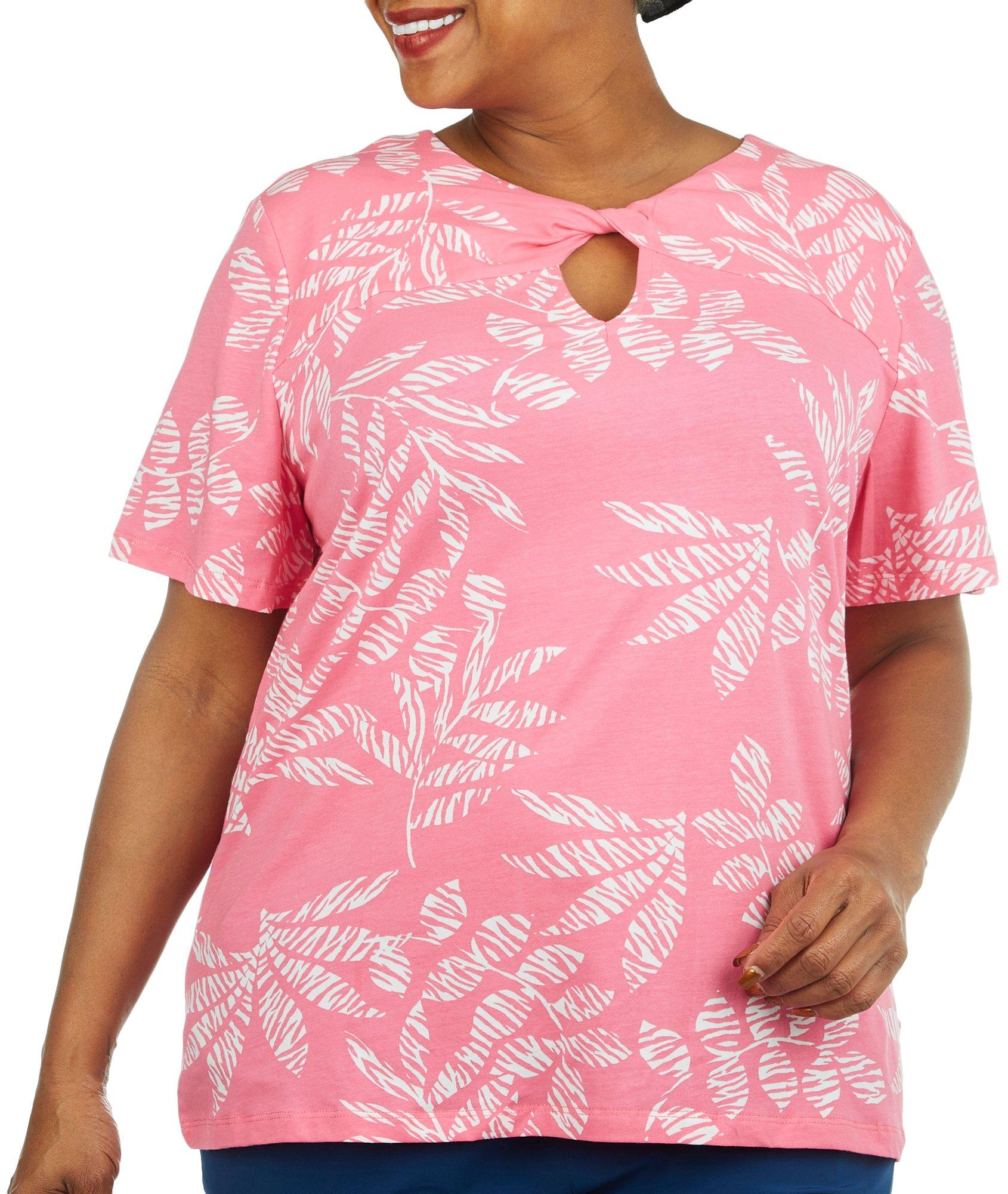 Plus Leaf Print Twist Keyhole Scoop Neck Short Sleeve Top