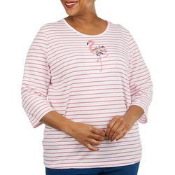 Plus Stripe Embroidered Flamingo 3/4 Sleeve Top