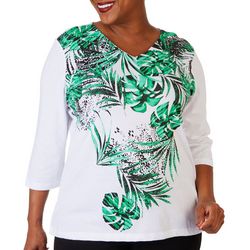 Plus Frond Leaves V-Neck 3/4 Sleeve Top