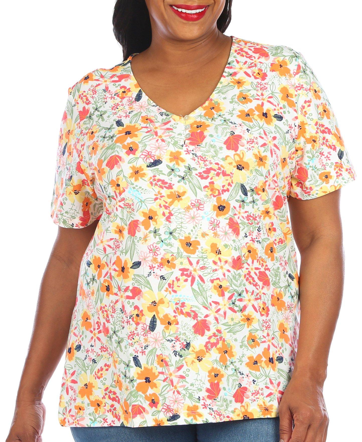 Coral Bay Plus Floral Print Henley Short Sleeve