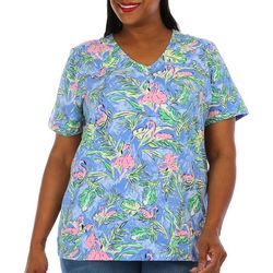 Coral Bay Plus Flamingo Print Henley Short Sleeve Top