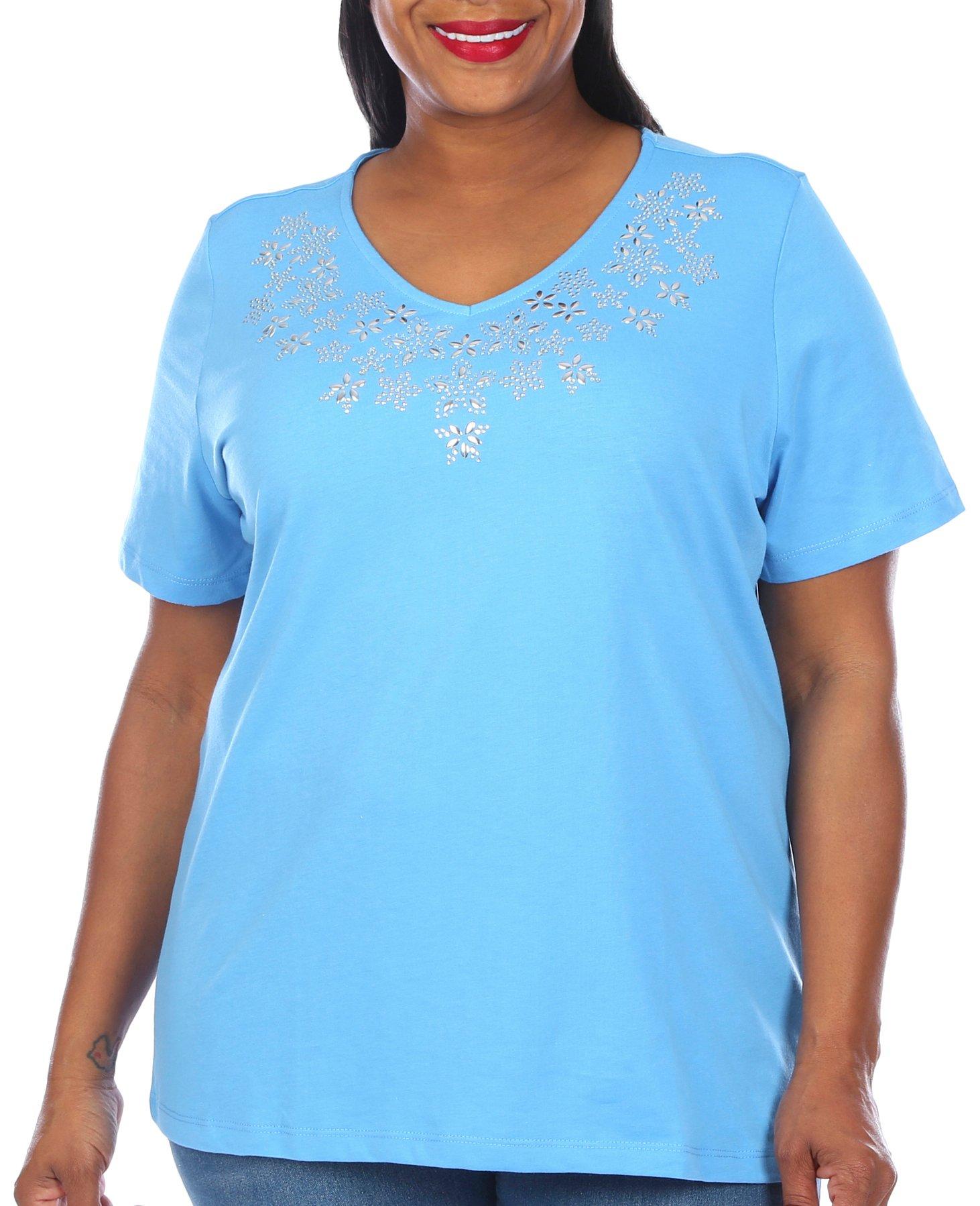 Coral Bay Plus Solid Jeweled V Neck Short Sleeve Top
