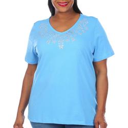 Plus Solid Jeweled V Neck Short Sleeve Top