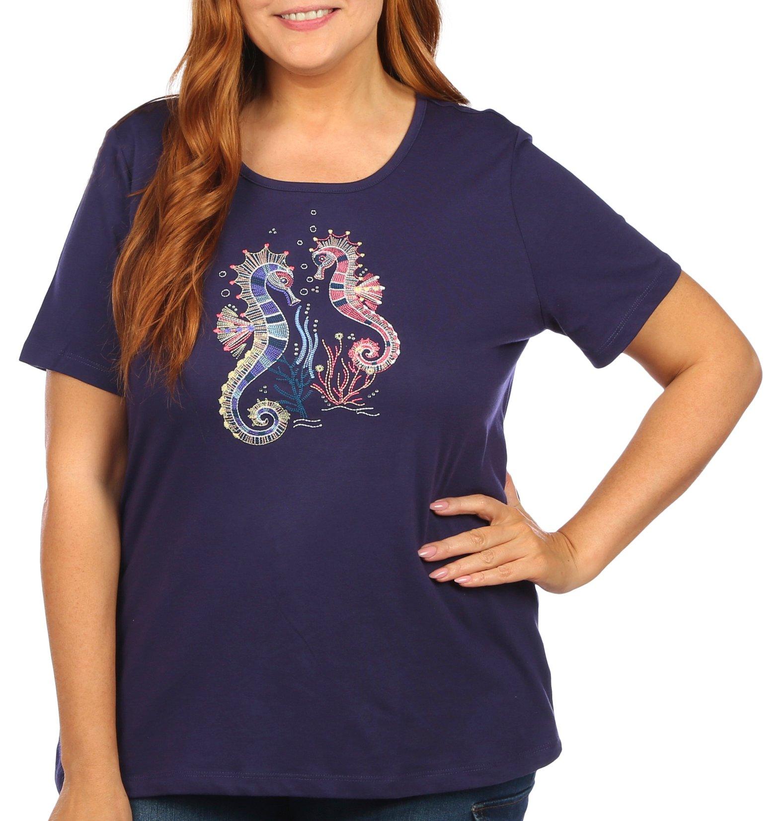Coral Bay Plus Embroidered Seahorses Short Sleeve Top