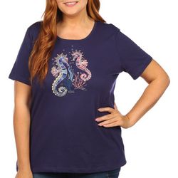Coral Bay Plus Embroidered Seahorses Short Sleeve Top