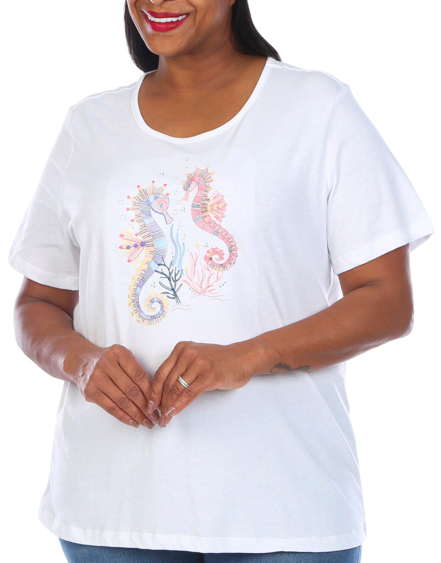 Coral Bay Plus Embellished Sea Horse Short Sleeve Top