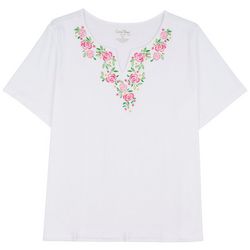 Plus Floral Embroidered Notch Neck Short Sleeve Top