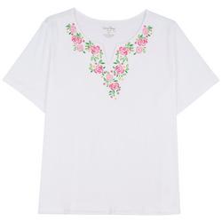 Plus Floral Embroidered Notch Neck Short Sleeve Top