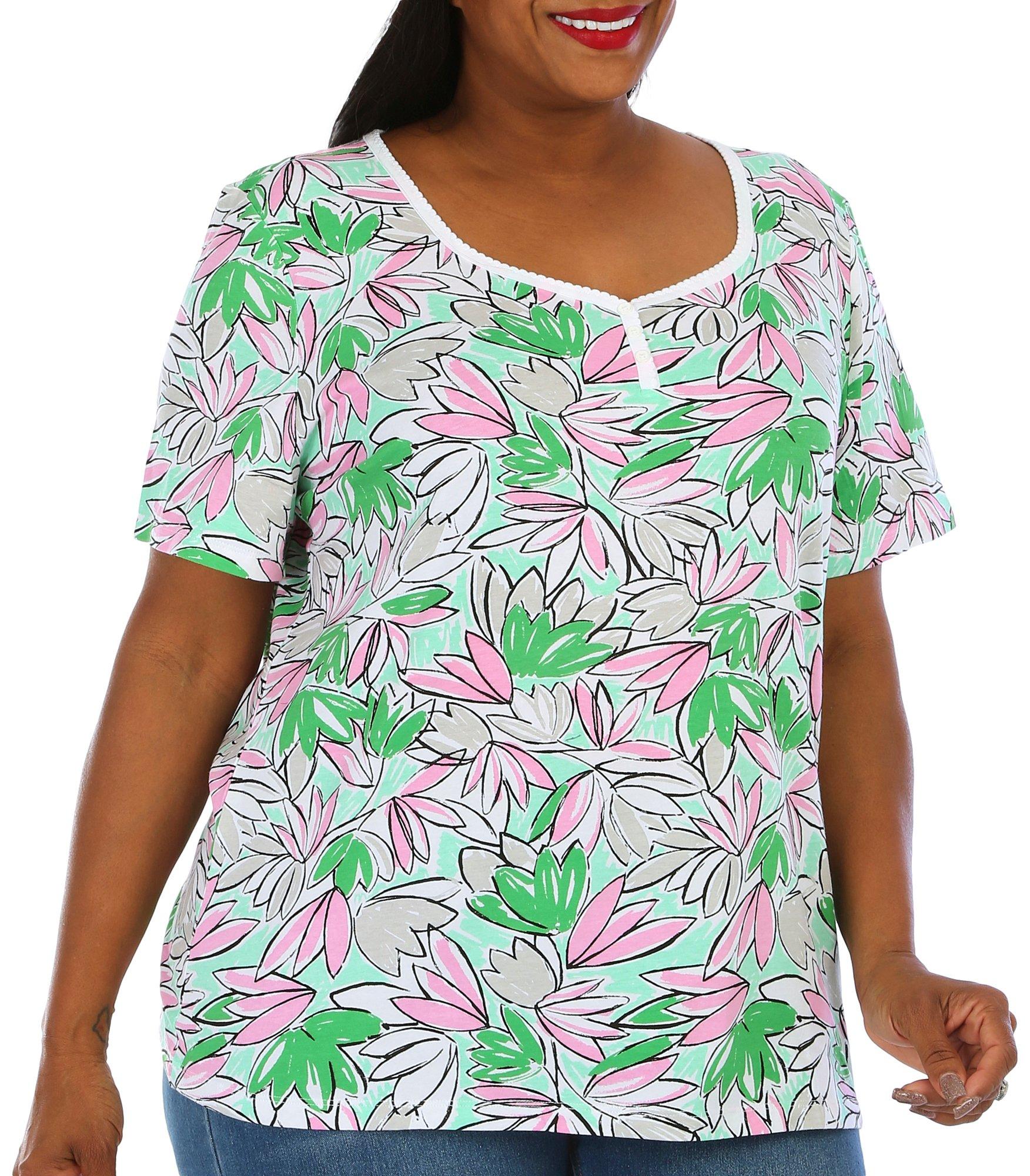 Coral Bay Plus Floral Print Henley Short Sleeve Top