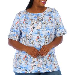 Coral Bay Plus Sailing Print Boat Neck Elbow Sleeve Top