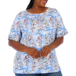Plus Sailing Print Boat Neck Elbow Sleeve Top