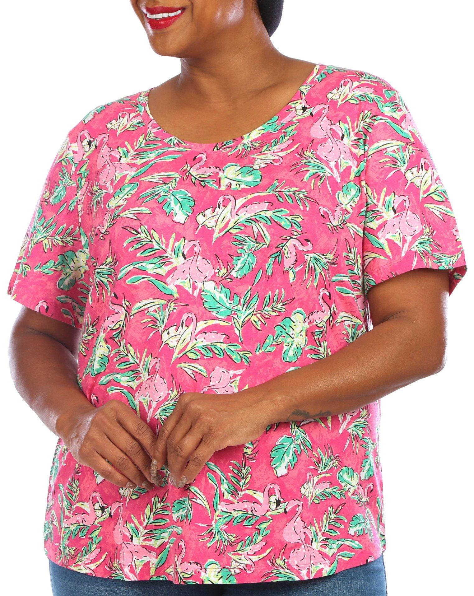 Coral Bay Plus Flamingo Print Short Sleeve Top