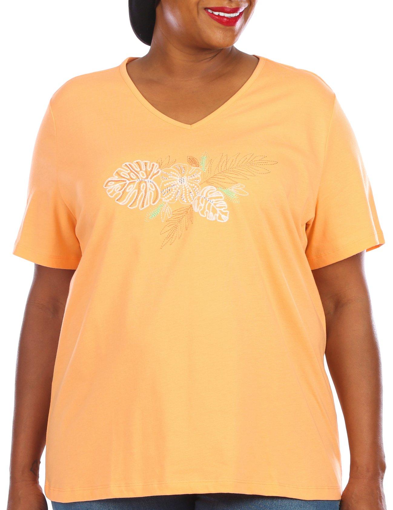 Coral Bay Plus Embroidered Flower Short Sleeve Top