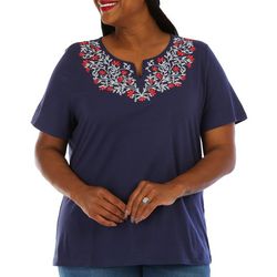 Coral Bay Plus Embroidered Floral Yoke Short Sleeve Top