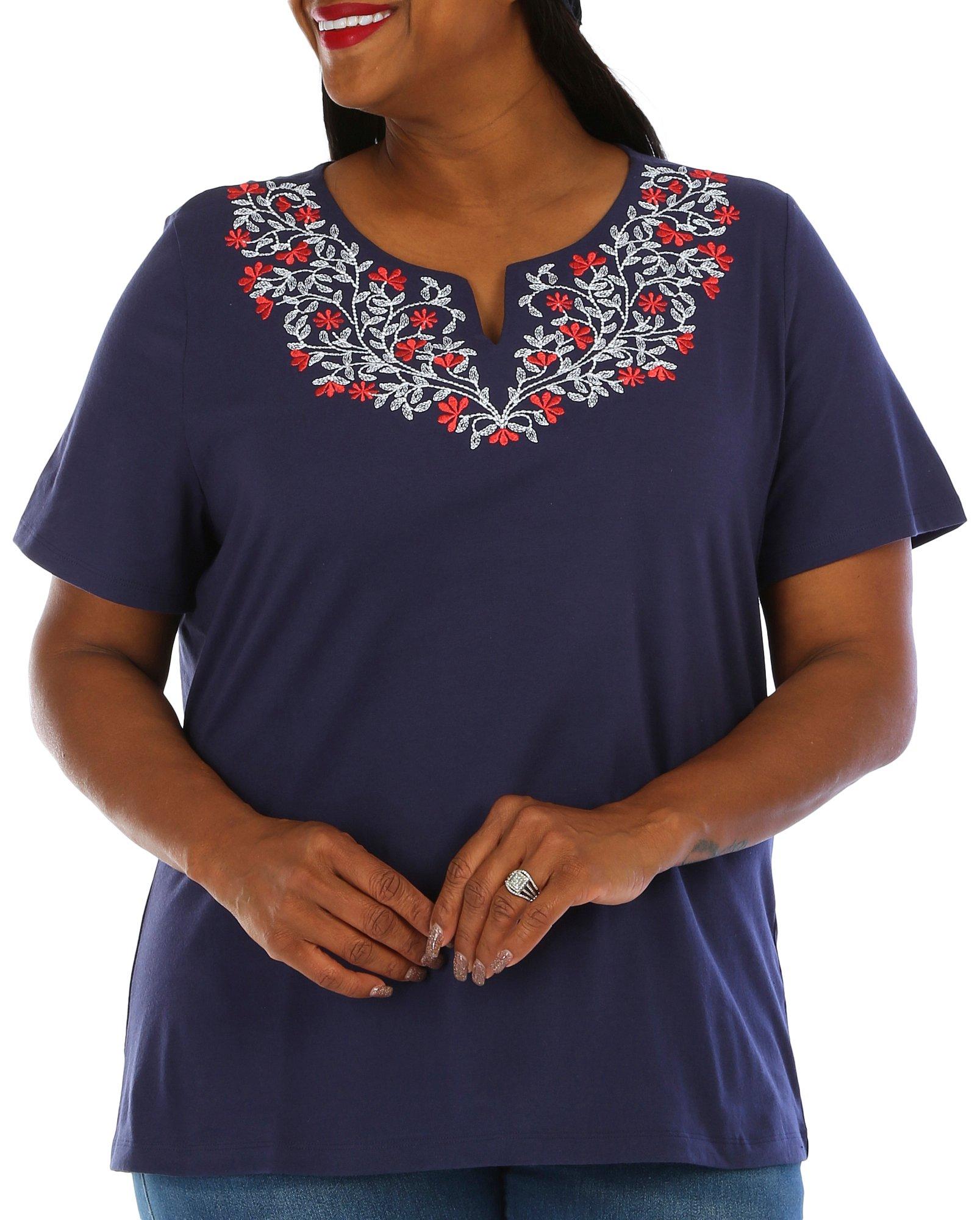 Plus Embroidered Floral Yoke Short Sleeve Top