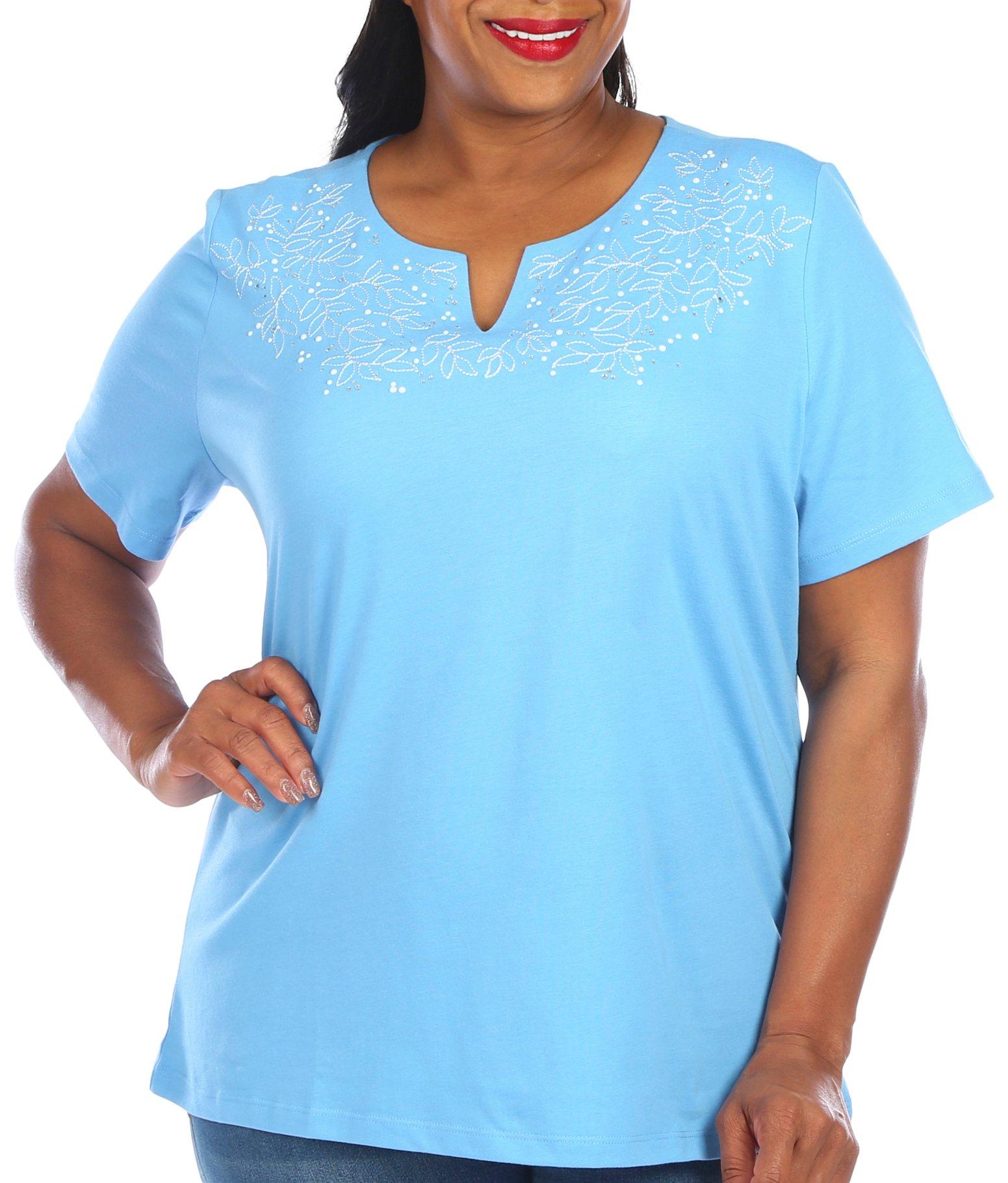 Coral Bay Plus Embroidered Notch Neck Short Sleeve Top
