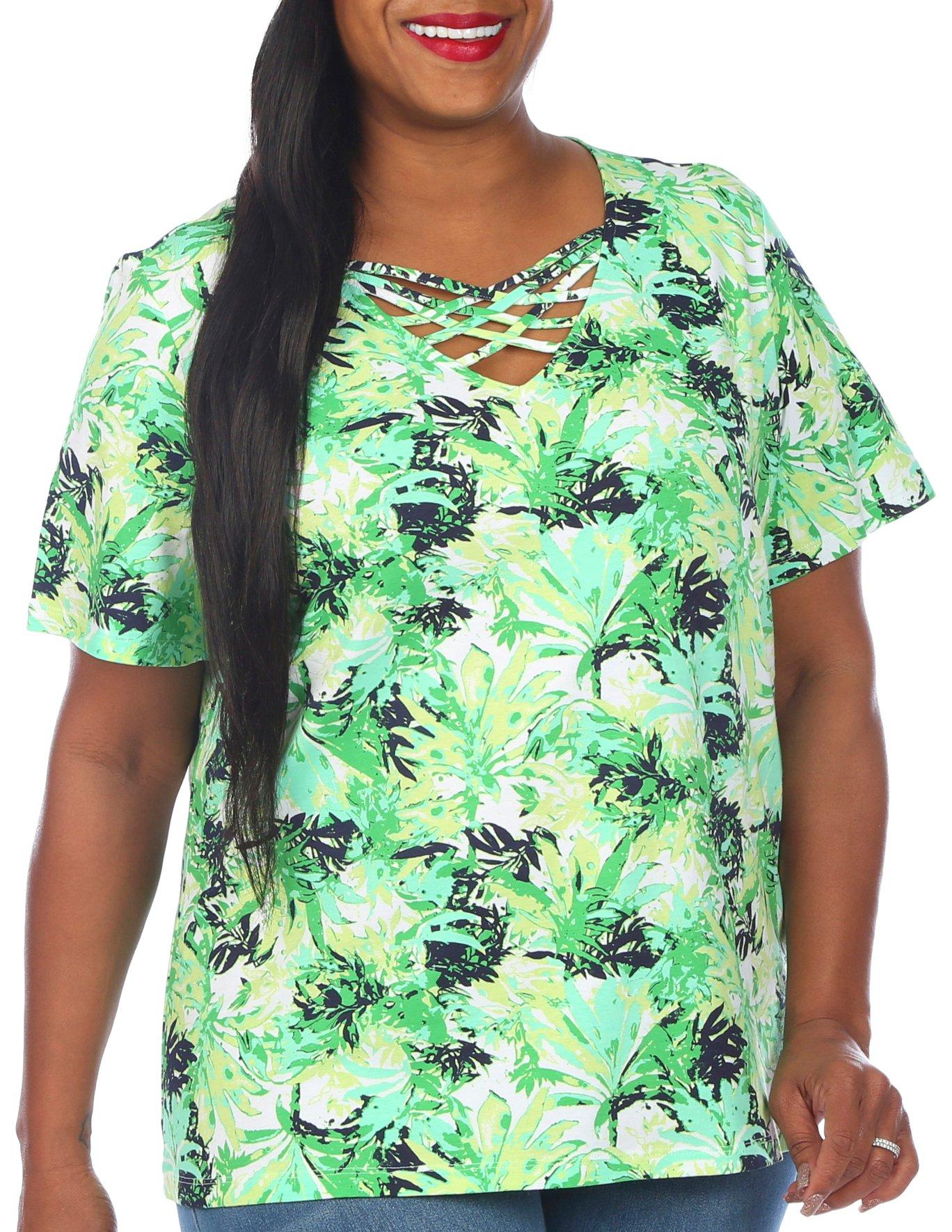 Coral Bay Plus Print Woven Keyhole V-Neck Short Sleeve Top