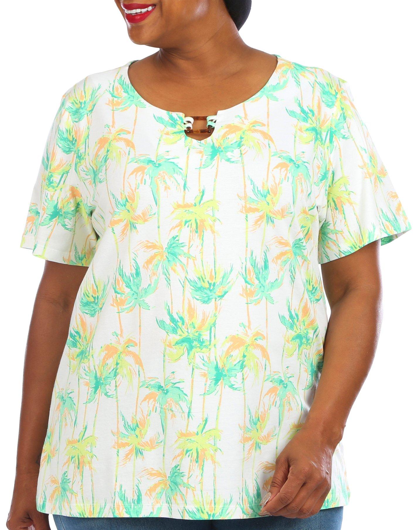 Coral Bay Plus Palms Square-Ring Keyhole Short Sleeve Top