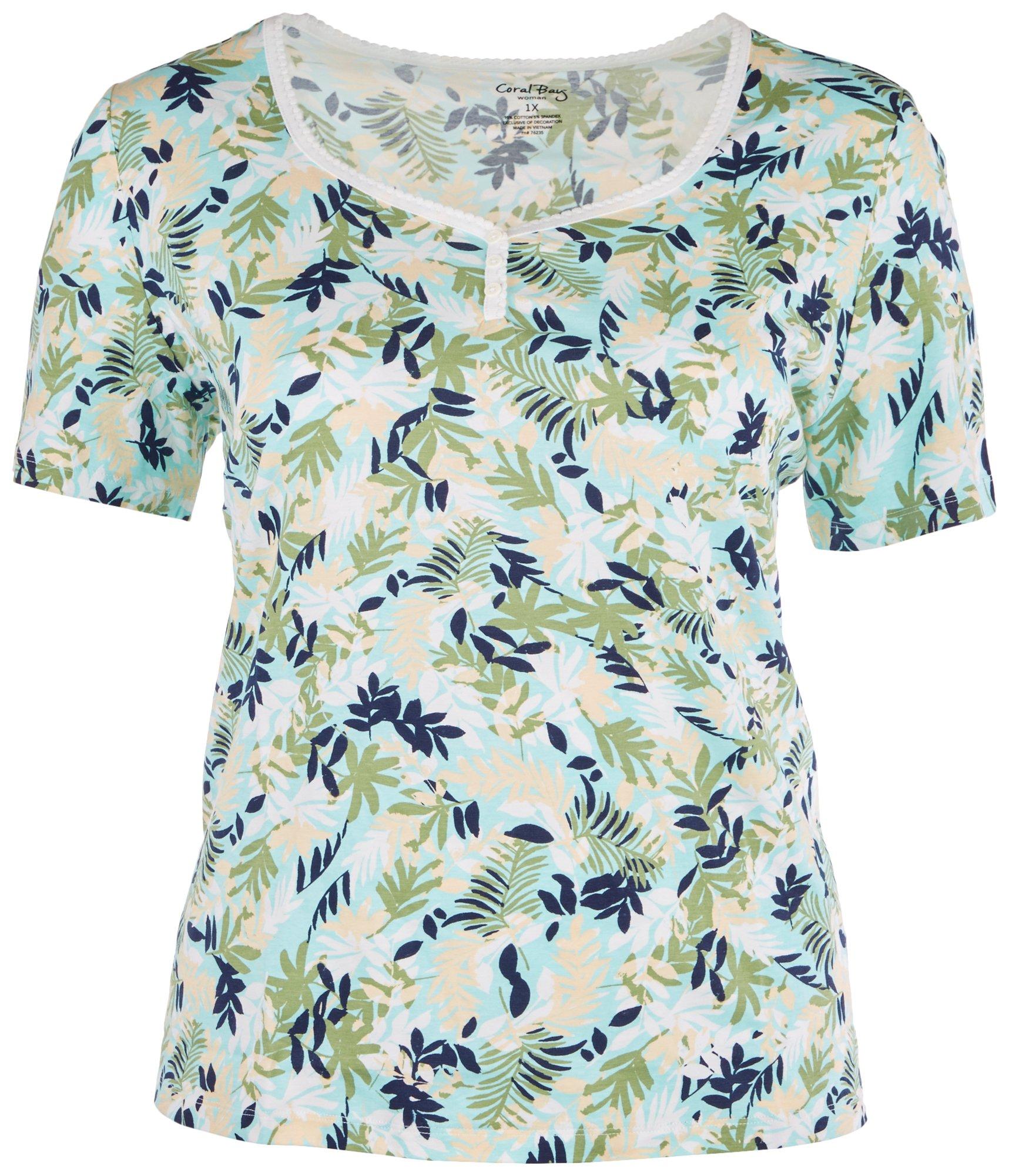 Coral Bay Plus Foliage Henley Short Sleeve Top