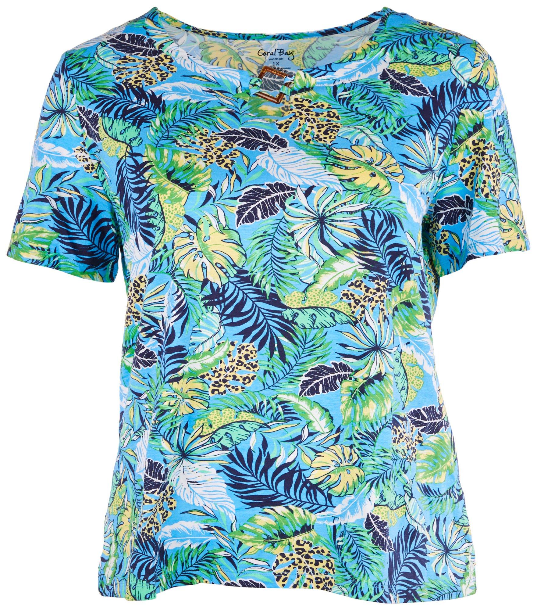 Coral Bay Plus Tropical Square Ring Short Sleeve Top