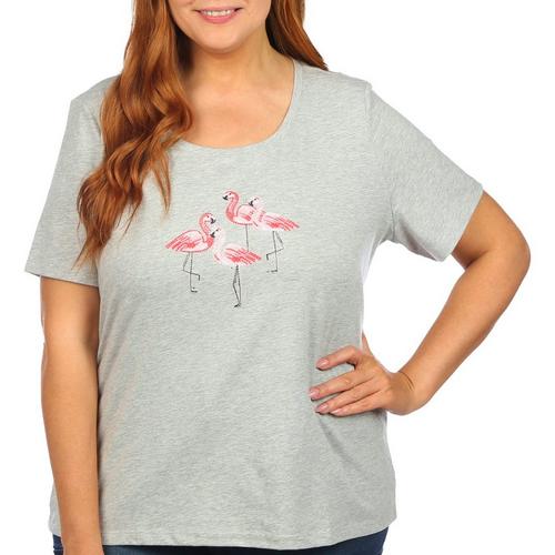 Coral Bay Plus Embroidered Flamingo Short Sleeve Top