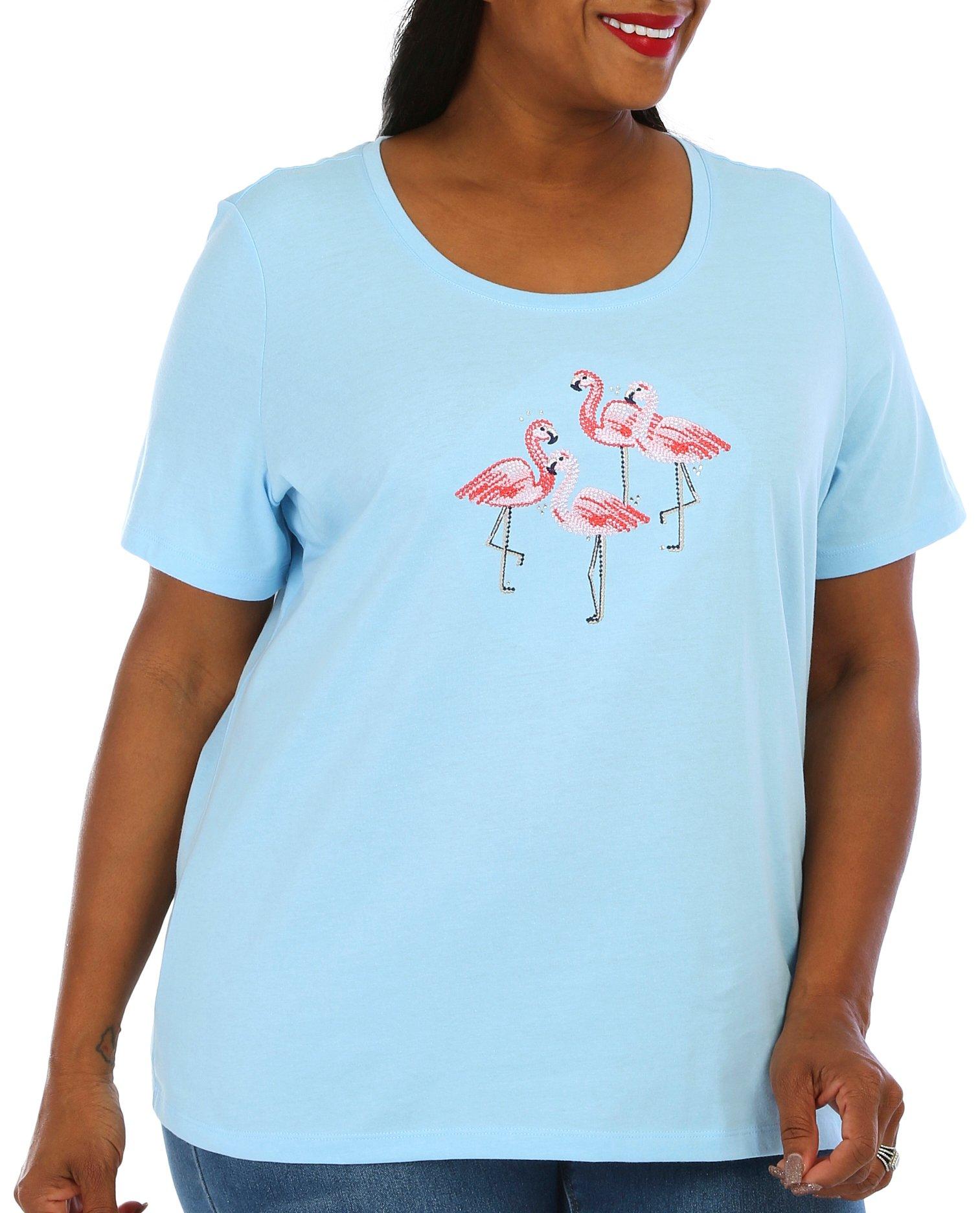 Coral Bay Plus Embellished Flamingos Short Sleeve Top