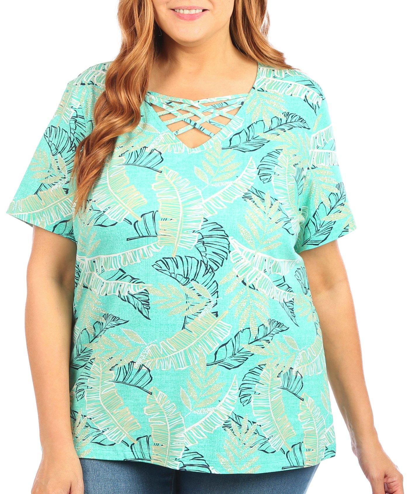 Coral Bay Plus Fronds Woven Keyhole V-Neck Short Sleeve Top