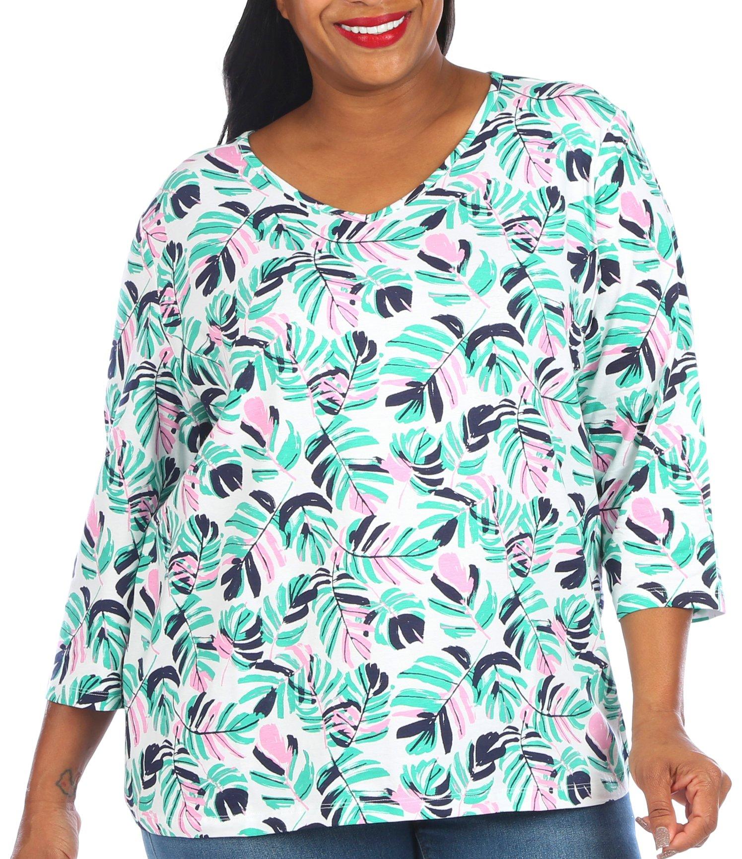 Coral Bay Plus Fronds Print V-Neck 3/4 Sleeve Top