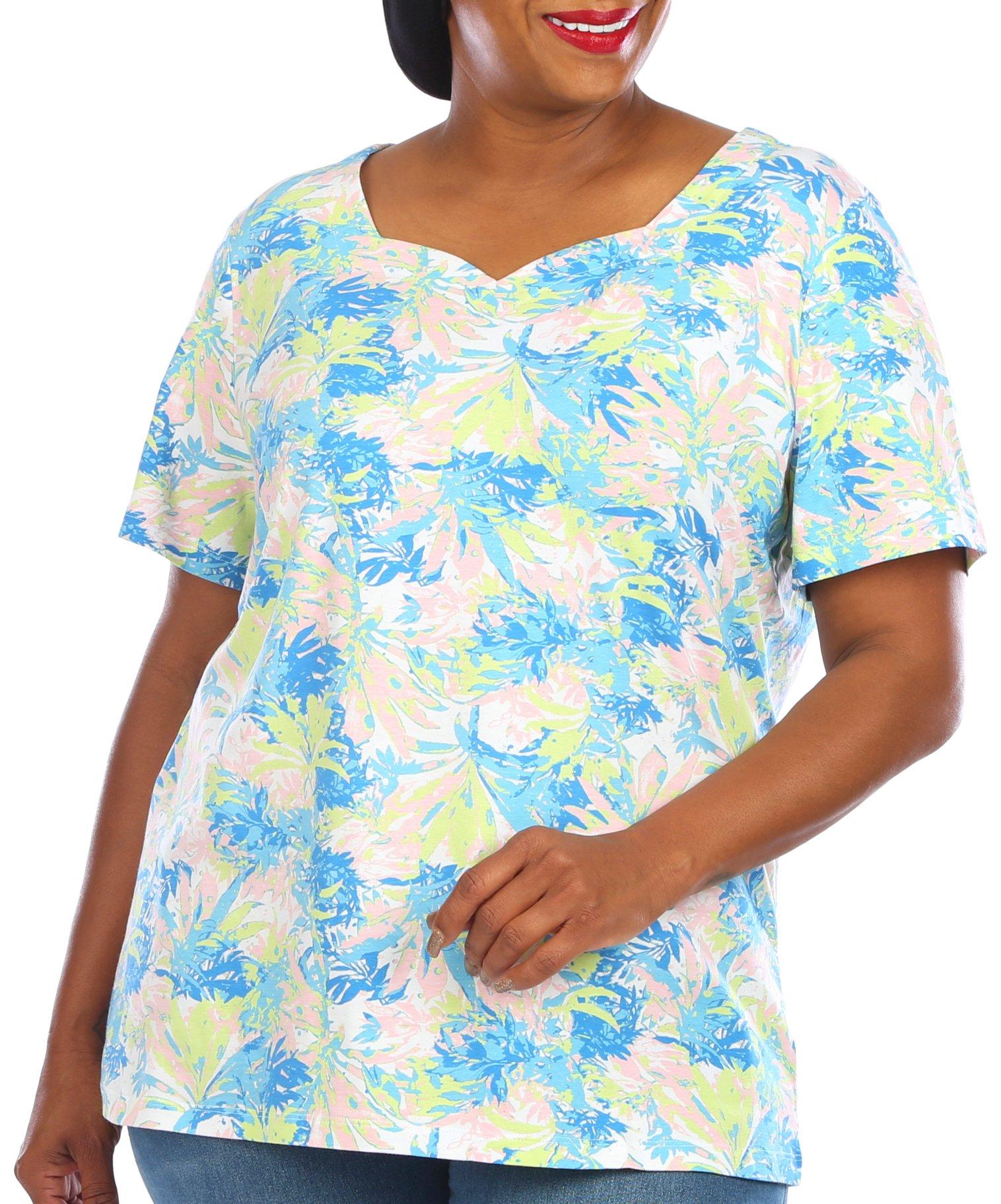 Coral Bay Plus Floral Sweetheart Neck Short Sleeve Top