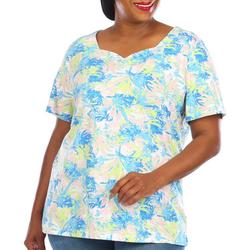 Plus Floral Sweetheart Neck Short Sleeve Top