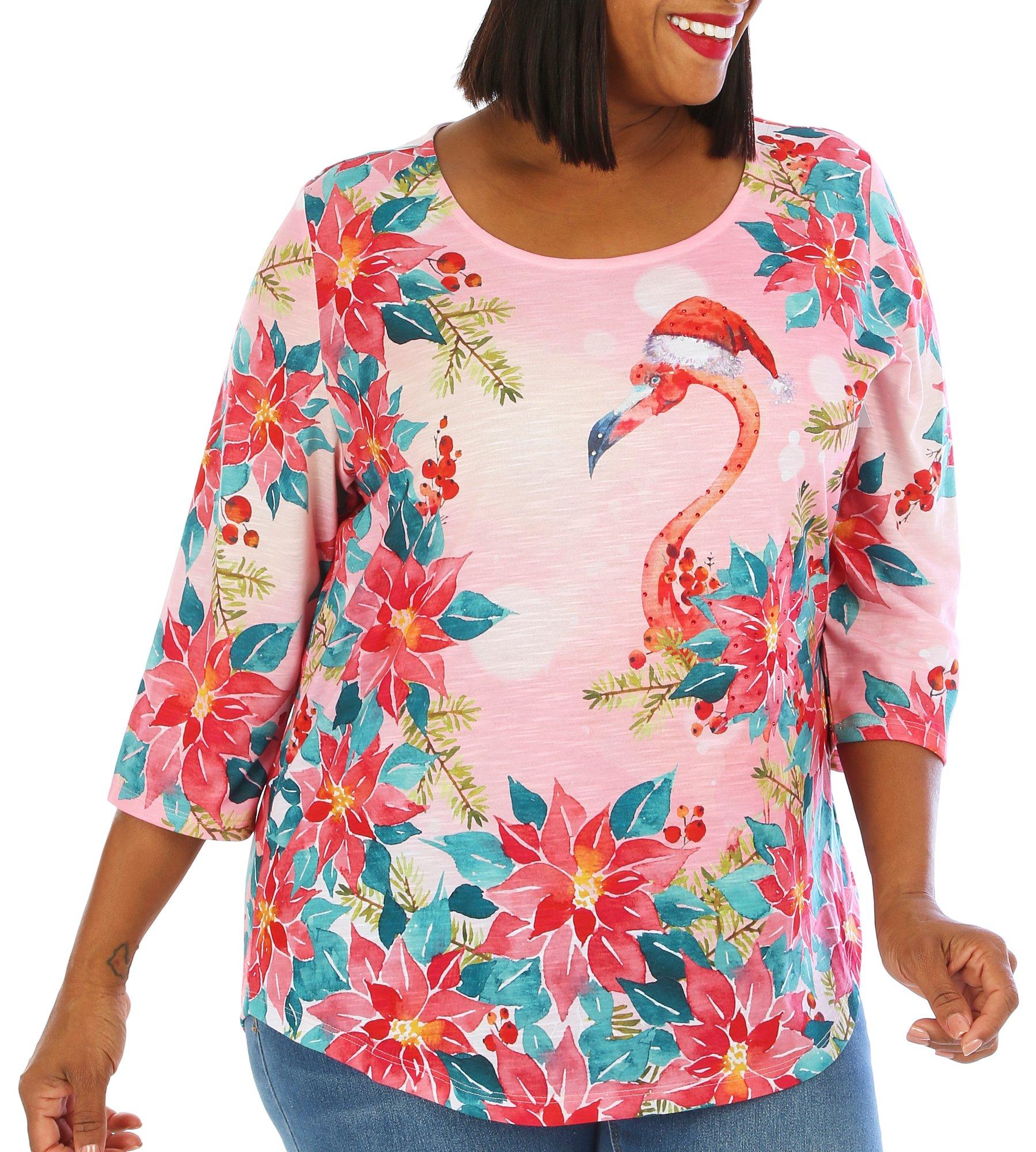 Coral Bay Plus 3/4 Sleeve Christmas Flamingo Top