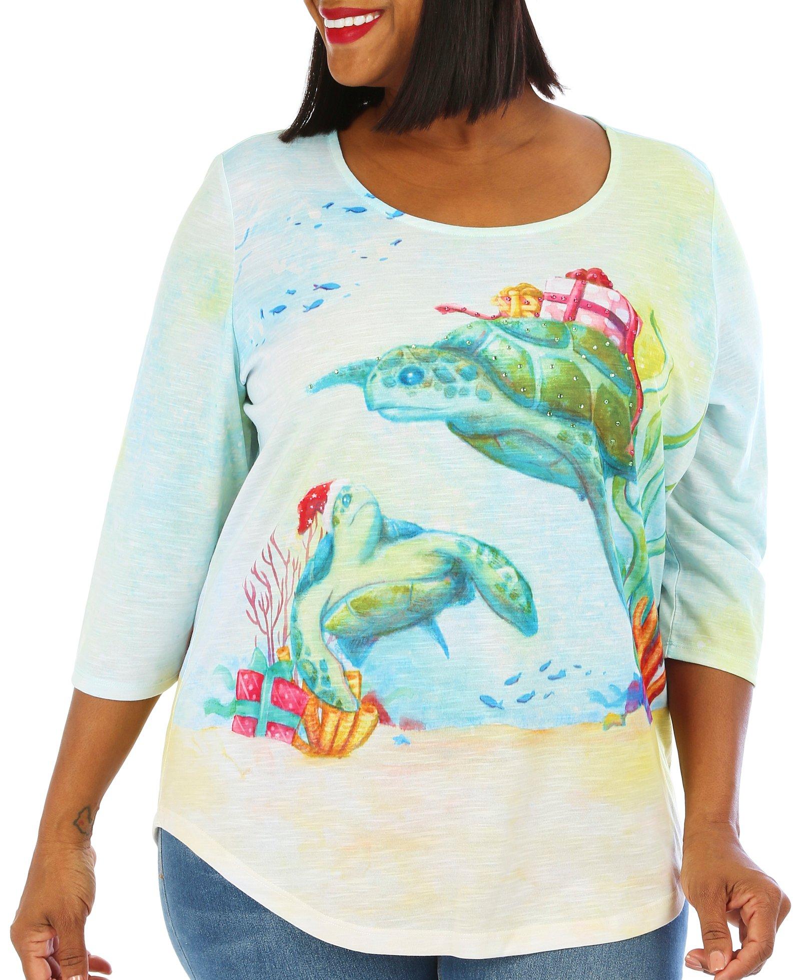 Coral Bay Plus 3/4 Sleeve Christmas Turtle Rhinestone Top