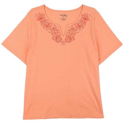 Plus Floral Embroidered Notched Neckline Short Sleeve Top