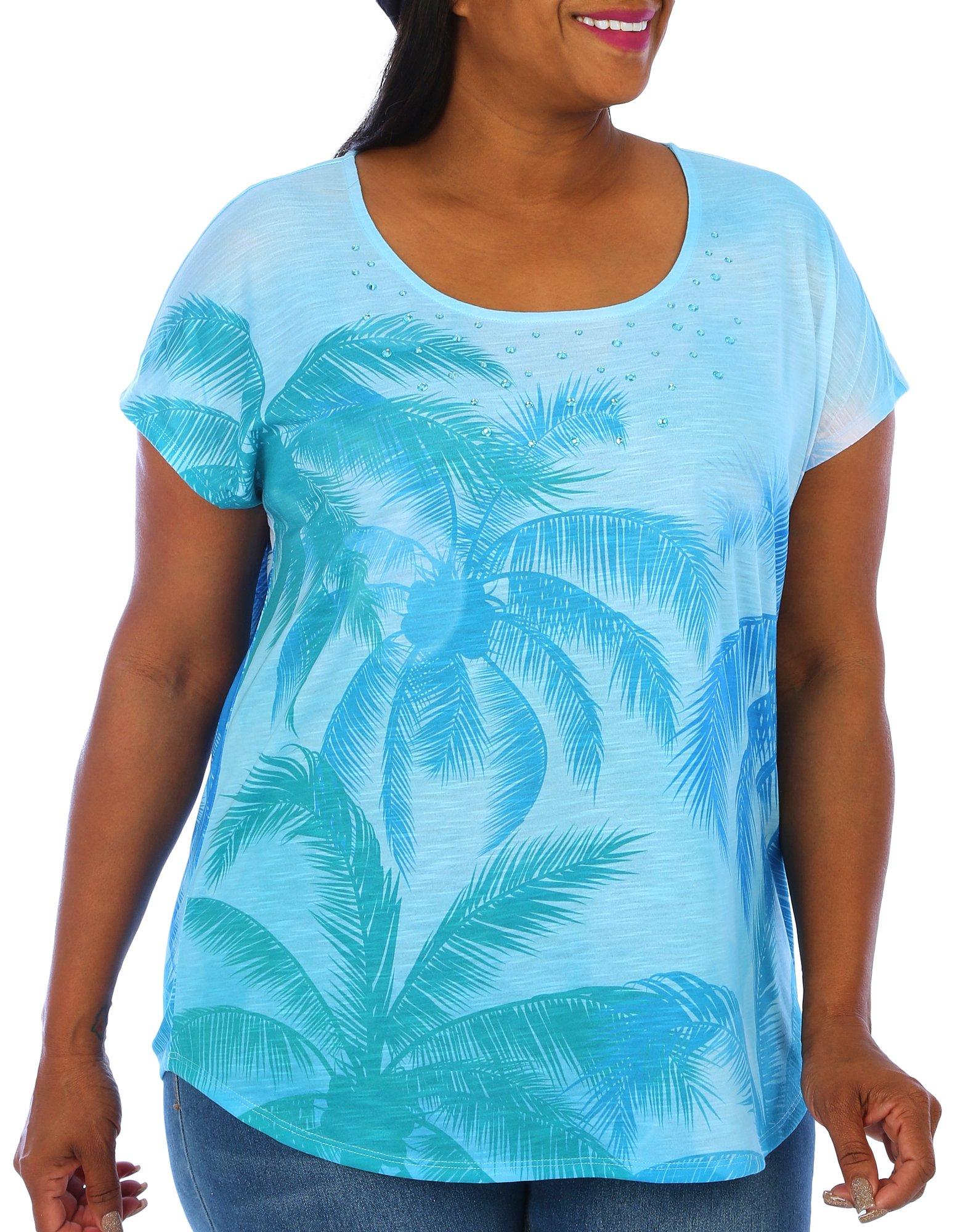 Coral Bay Plus Palms Print Embellished Short Sleeve