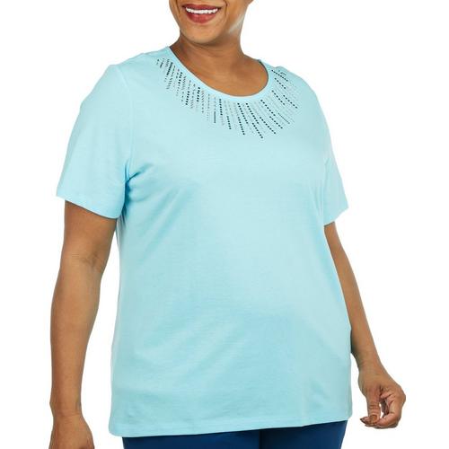 Plus Solid Jeweled Beads Scoop Neck Short Sleeve