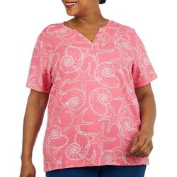 Coral Bay Plus Shell Print Henley Short Sleeve Top