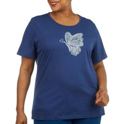 Plus Solid Jeweled Butterfly Silhouette Short Sleeve Top