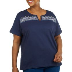 Coral Bay Plus Embroidered Split Neck Short Sleeve Tee