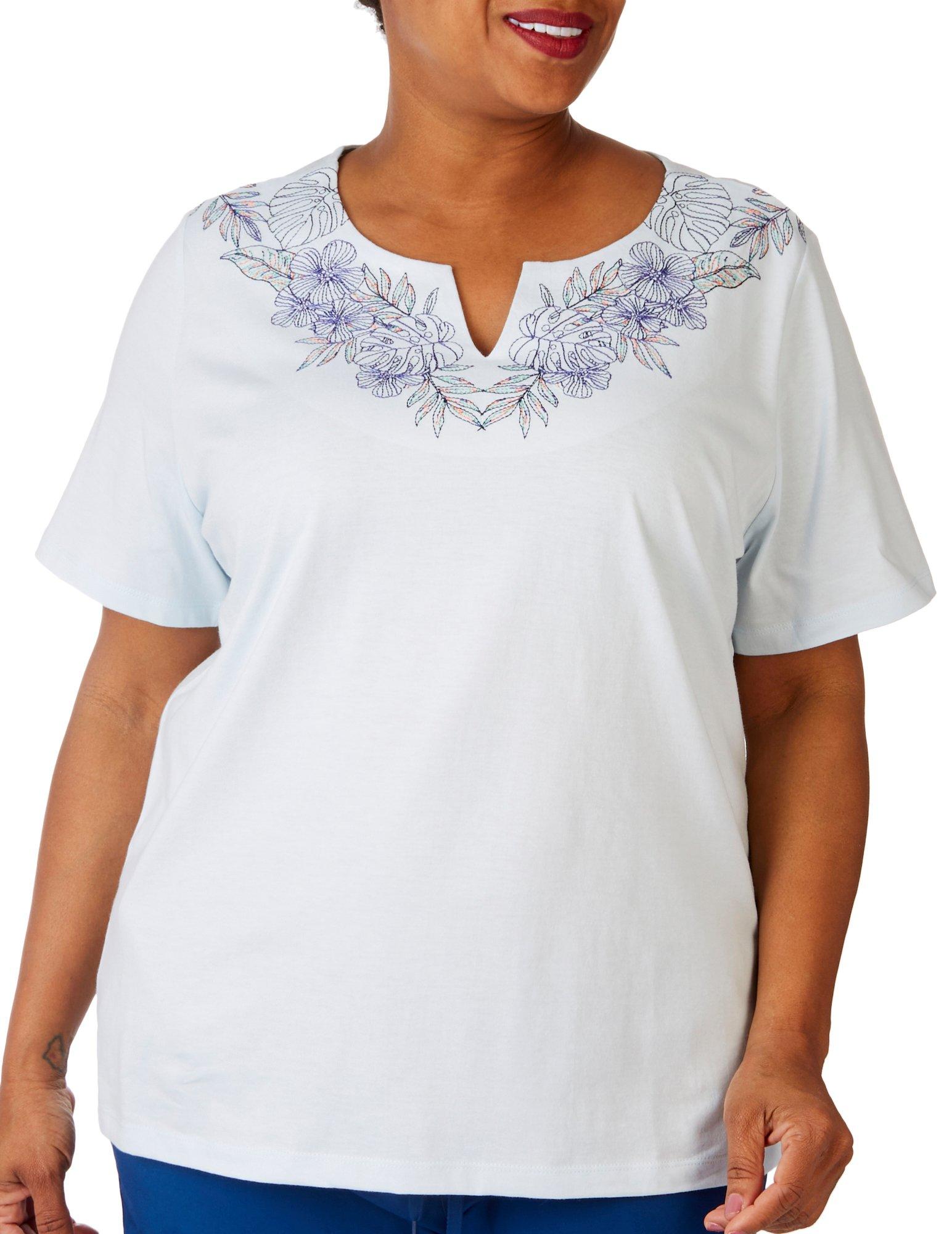 Plus Floral Embroidered Split Neck Short Sleeve Tee