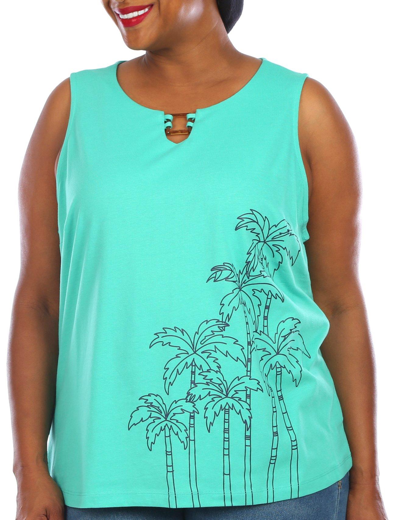 Coral Bay Plus Palm Print Square Ring Sleeveless Top