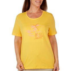 Coral Bay Plus Embroidered Palm Short Sleeve Top