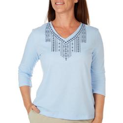 Plus Embroidered V-Neck 3/4 Sleeve Top