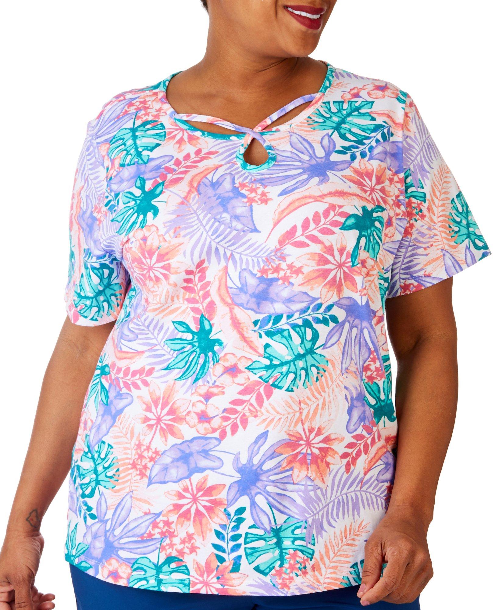 Coral Bay Plus Tropical Triple Keyhole Short Sleeve Top