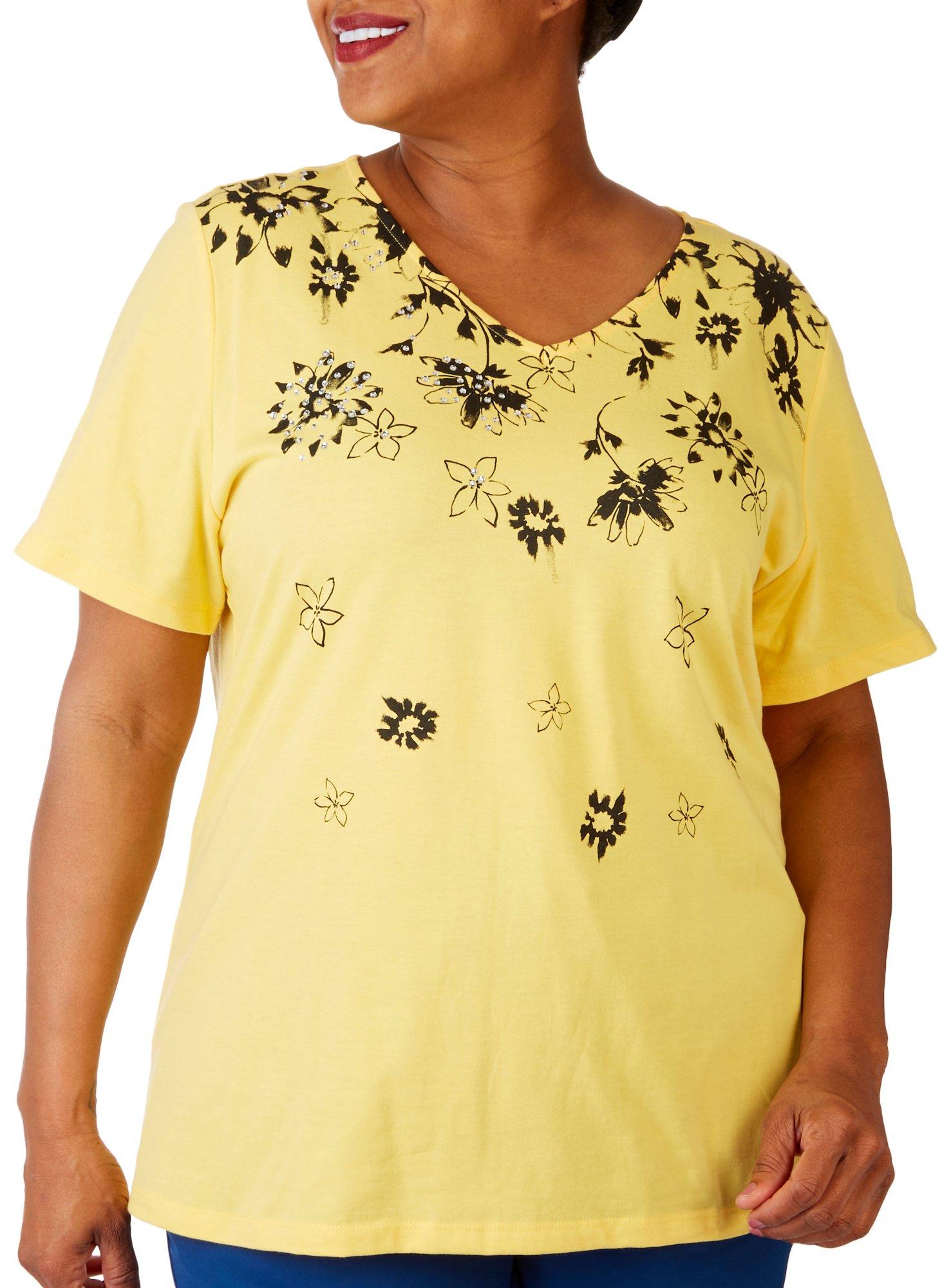 Plus Floral Embellished V Neck Short Sleeve Tee